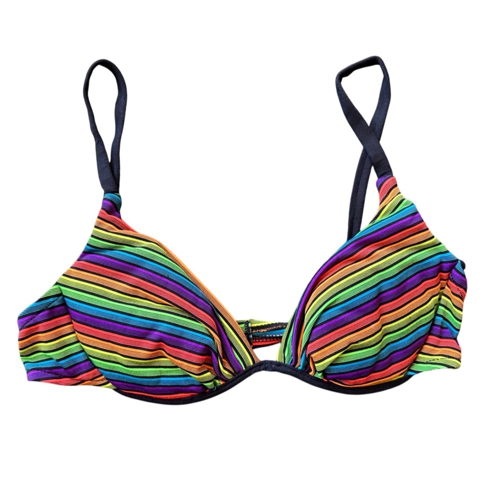 Catalina Rainbow Striped Bikini to Multi Color Ribbed Triangle swim  festival